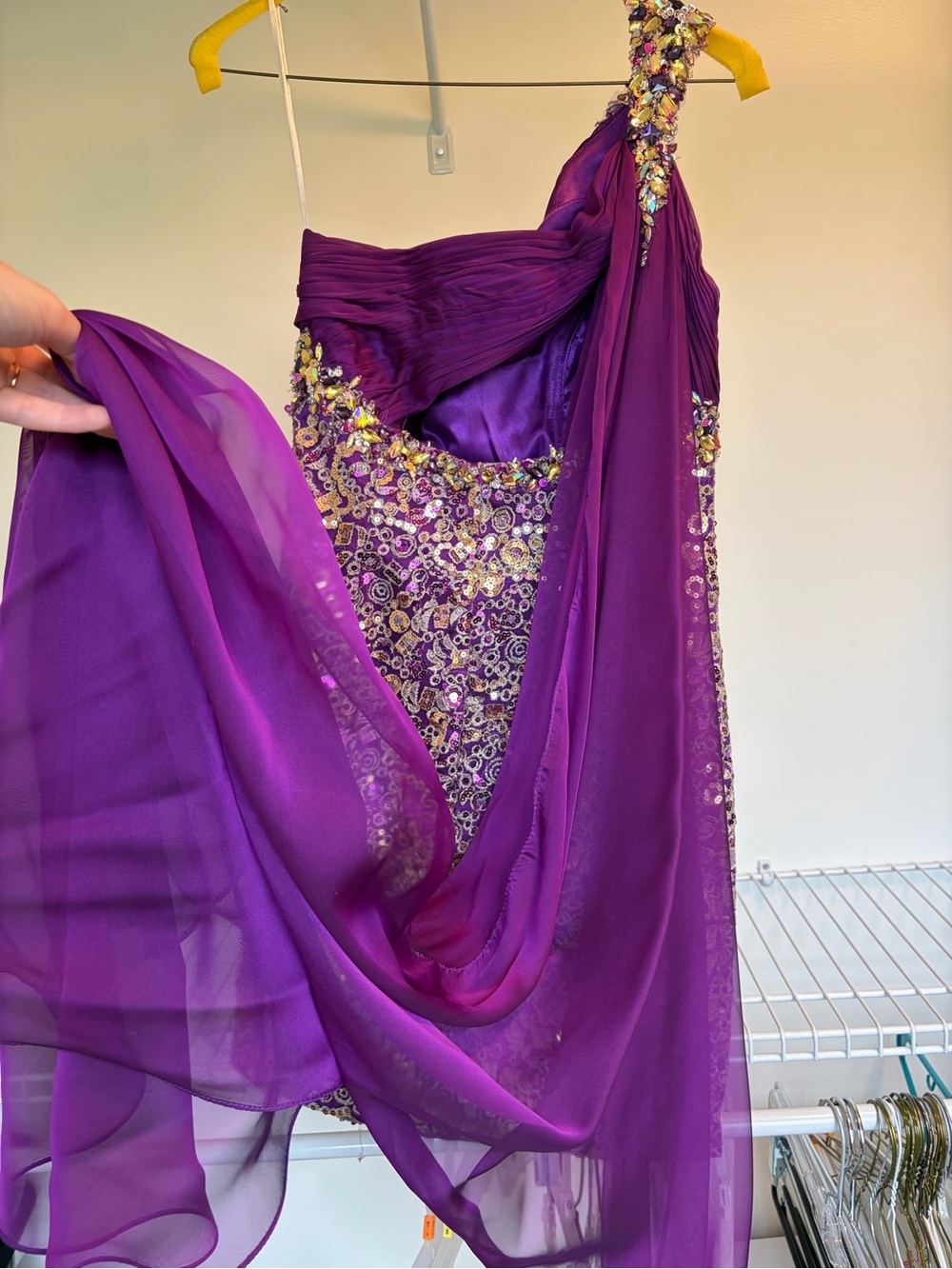 Mac Duggal One-Shoulder Purple and Gold Sequin Cocktail Dress - Picture 7 of 8